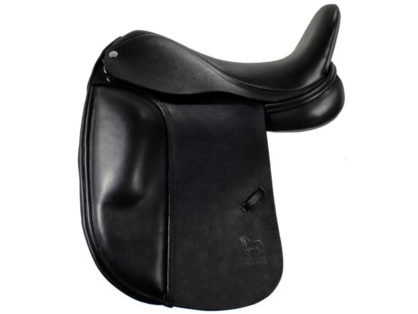A black saddle with a white background