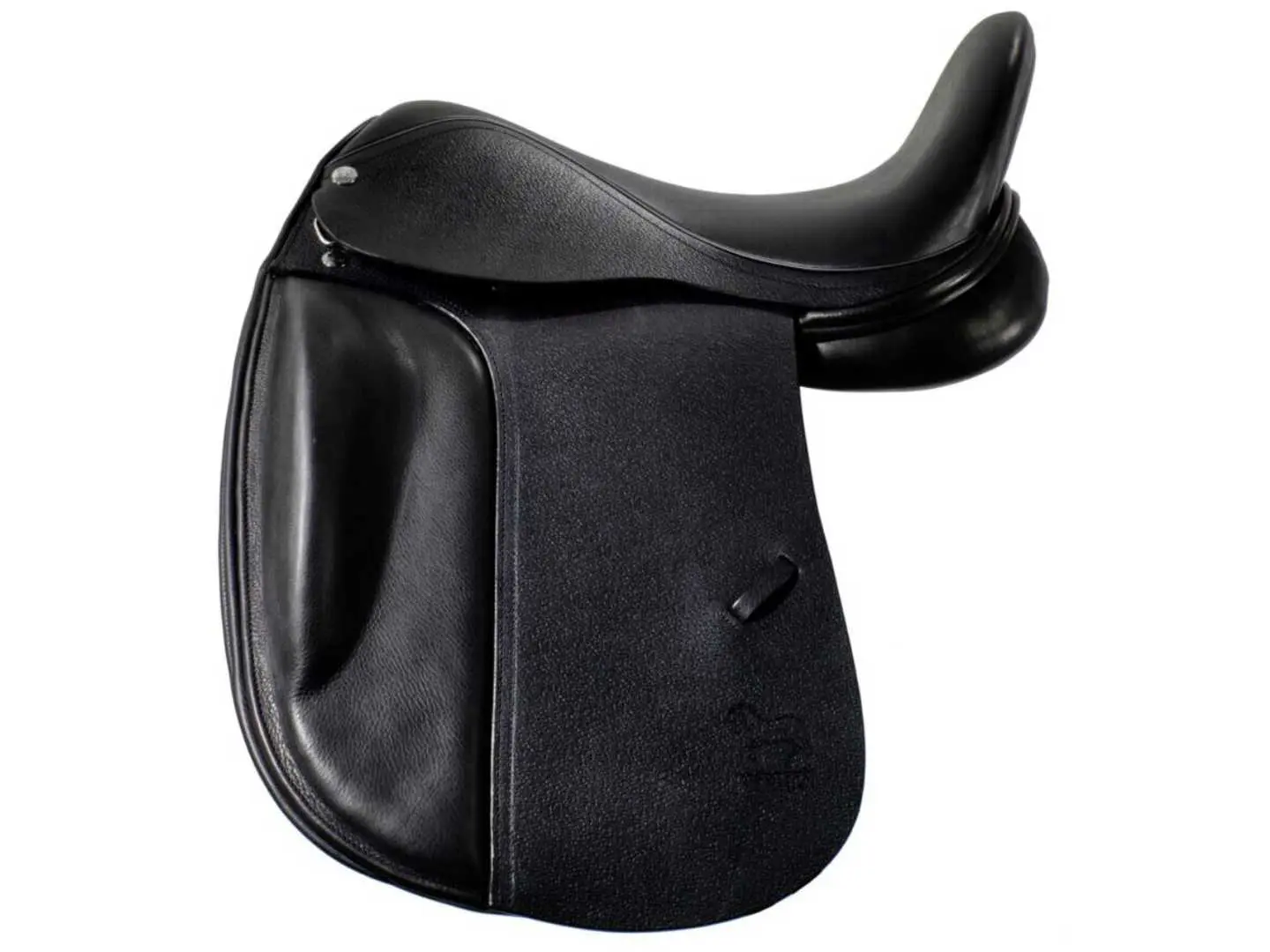 A black saddle with a white stripe on the side.